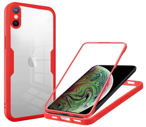 SLWYF Compatible with iPhone XS Max Case [Built-in Glass Screen Protector] Touch Full Body 360 Shockproof TPU Stylish Bumper Transparent Back Case Cover for iPhone XS Max (Red)