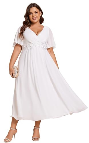 Ever-Pretty Plus Size Women's Breathable Wedding Guest Dress Short Cap Sleeves with Delicate Applique Elegant Mother of The Bride Outfits White 26UK