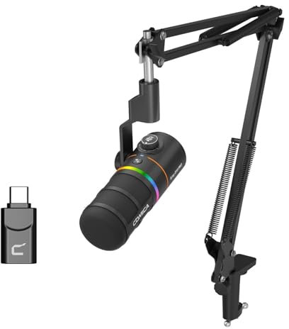 COMICA D10 Pro A XLR USB Micrófono Dinámico con Brazo Receptor para Videojuegos, TikTok y Grabación de Podcasts,Compatible con luz RGB y Botón de Silencio para PC, Smartphone, Ordenador, Mac y PS4/5
