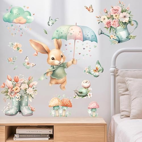 Fufuquare Hübscher Cartoon Hase Wandtattoo Blume Pilz Regenschirm Herz Schub- und Aufklebe Wandaufkleber für Kinderzimmer Kinder Betreuungszimmer Klassenzimmer