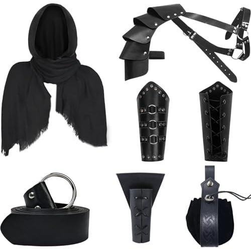 Anraocoss Mittelalter Ritter Kostümzubehör Set, mit Mittelalter Gürtel, Retro Kopftuch, Steampunk Schulterpanzer, Armschützern, Gürteltasche, Schwert, Halloween Frosch (schwarz)