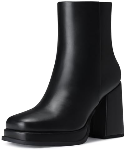 CELLENZ Women Platform Ankle Boots: Fashion Platform Boots - Black Leather Fall Ankle Boots - Chunky Heel Short Booties Womens Size 8