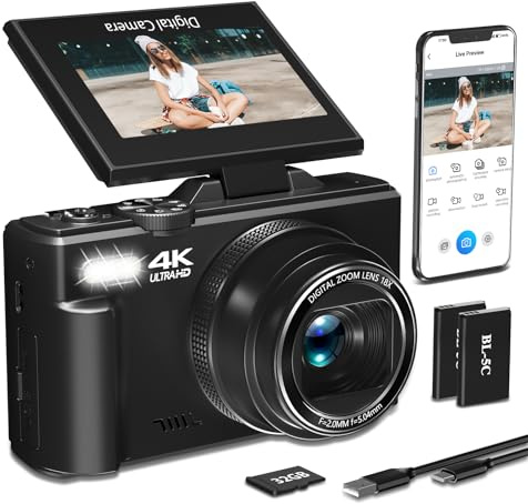 4K-Digitalkamera für Fotografie, 64 MP Vlogging-Kamera für YouTube mit 3 Zoll 180° Flip-Bildschirm, 18-facher Digitalzoom HD-Autofokus-Kompaktkamera mit WLAN, Blitz, 32 GB TF-Karte und 2 Batterien