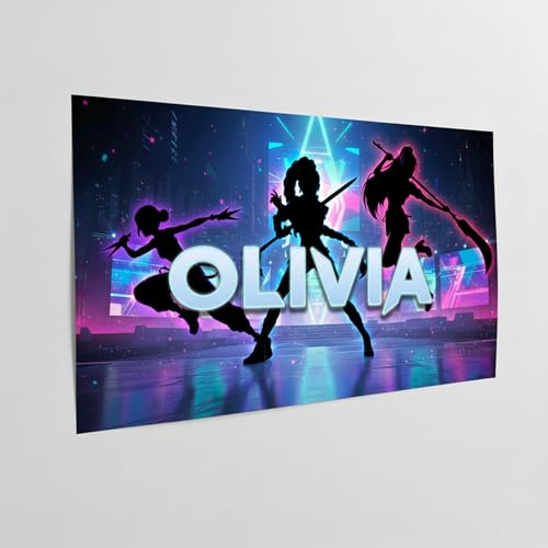 K-Pop Poster Panorama Name Neon Kriegerinnen - Personalisiertes Geschenk | Dekorativer Kunstdruck fürs Zimmer, Motiv: ein K-Pop-Panorama in Neon, mit dem Wunschnamen in der Mitte
