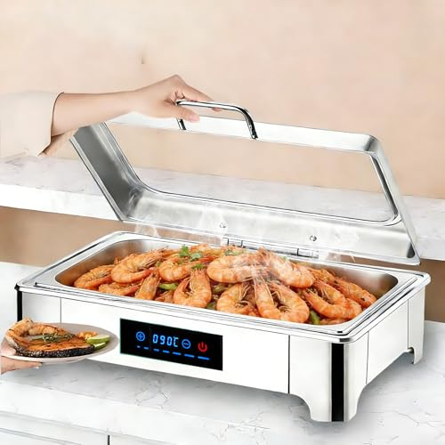 BOVDC Elektrischer Chafing Dish Glasdeckel, 9L Edelstahl(Full Pan) | Speisewärmer Buffetwärmer Elektrisch Einstellbarer Temperatur, Elektrisch Warmhaltebehälter Essen mit Abnehmbarer Heizplatte