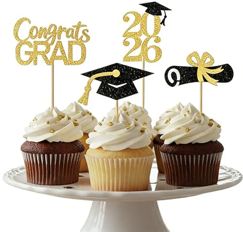 24 Stück Doktorhut Graduation Deko, 2026 Abschlussfeier Cupcake Toppers, Bachelor Hut und Absolventenhut Dekoration für Akademische Feierlichkeiten, Bereits Montierte Dessert Deko Elemente