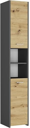 Framire Badezimmerschrank L-30 Anthrazit/Artisan Eiche 30x30x170 cm – schmaler Hochschrank mit 2 Türen & 6 Regalen, Bücherregal für Bad & Flur, Modern L-30