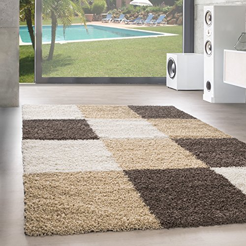 SIMPEX Teppich Wohnzimmer Shaggy Moderne Kariert Design Mokka 160 x 230 cm - Hochflor Teppich Schlafzimmer Extra Weich und Pflegeleicht - Flauschiger Teppich Langflor für Küche Carpet Living Room