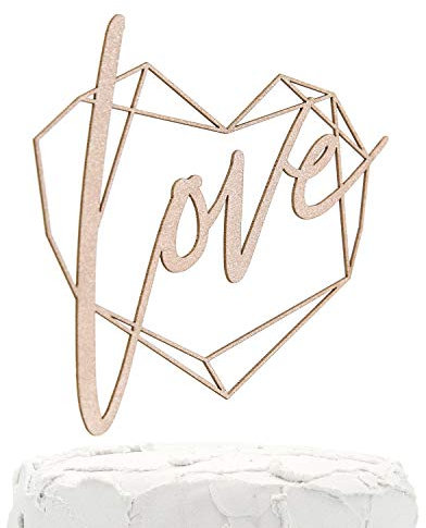 NANASUKO Wedding/Engagement Cake Topper - love - with Modern Geometric Heart Frame - Double Sided Rose Gold Glitter - Premium Quality Made in USA - Rose Gold Glitter W/Heart Frame