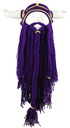 YEKEYI Herren Lustige Mütze Wikinger Bart Beanie Horn Hut Lange Bart Hüte Winter Strickwolle Warme Kappe Gr. Einheitsgröße, violett
