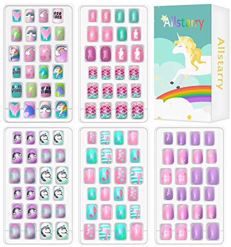 Allstarry 120pcs 5 pack Children Nails Press on Pre-glue Full Cover Glitter Gradient Color Rainbow Short False Nail Kits Lovely Gift for Children Little Girls Nail Art Decoration (Mermaid & Unicorn)