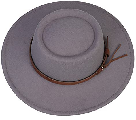 JK Home Damen Kappe mit breiter Krempe, konkave Oberseite, Filzglocke, Derby, Bowler, Bootshut, Vintage-Gürtelschnalle, Porkpie Fedora Kirche Jazz Trilby Wollmütze, B: Grau, Einheitsgröße