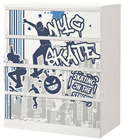 MyMaxxi | Klebefolie Möbel kompatibel mit IKEA Malm Kommode 4 Schubladen | Motiv Skate Skateboard | Möbelfolie selbstklebend | Dekofolie Tattoo Aufkleber Folie für Wohnzimmer und Kinderzimmer