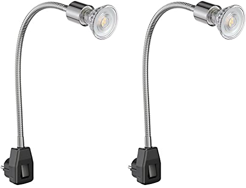 ledscom.de 2 Stück Steckdosenlampe LESCH Leselampe Schwanenhals, Schalter, chrom/schwarz + LED Lampe 510lm 50° warm-weiß