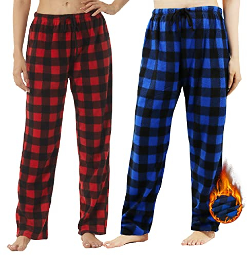 YUSHOW 2er Pack Pyjamahose Damen Lang Fleece Karierte Schlafanzughose Winter Weich Nachtwäsche Pyjama Hose Soft Freizeithose Weihnachts Pyjama mit Kordelzug, Red Plaid+Blue Plaid(2 Pack Größe S