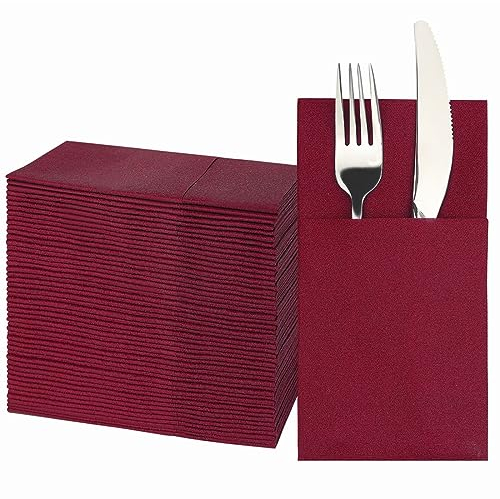JEBBLAS Disposabel Dinner Napkins with Built-in Flatware Pocket, Cloth Like Napkins, Linen-Feel Disposable Hand Napkins for Parties, Weddings, Dinners or Events, 16x16inches, Pack of 50, Bordeaux