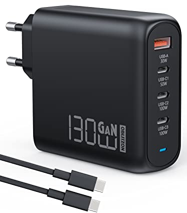 130W USB C Chargeur Rapide, PD 100W+QC 30W PPS PD GaN Chargeur 4 Ports Adaptateur Type C avec Câble 100W pour MacBook Pro/Air, Dell XPS 15, Huawei, iPhone 14/13, iPad Pro, Galaxy S22/S21