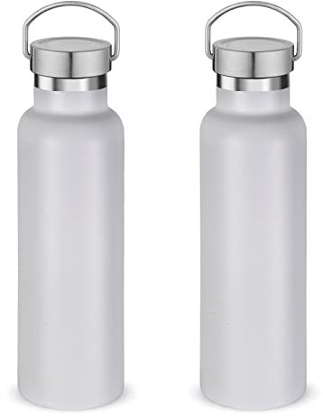 Volhoply 600ml Insulated Water Bottles Bulk Two Pack,Stainless Steel Double Wall Sport Bottle with Lid of Handle,Metal Reusable Flask with Cup Cap for School,Cyclists,Gift (White,Set of 2)