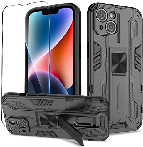 Btstring Case for iPhone 14 and Screen Protector Tempered Glass, Heavy Duty Shockproof Tough Armour Case with Stand Protective Personalised Phone Cover - Black