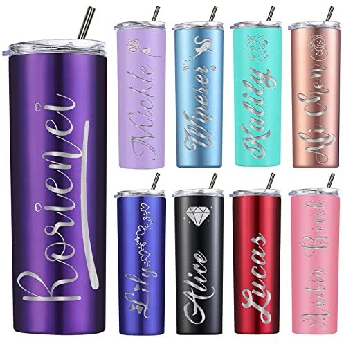 Bicchieri personalizzati con coperchi e cannucce, bicchiere skinny inciso personalizzato con nome personalizzato 20 once isolato regalo per donne, in acciaio inossidabile a doppia parete