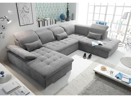Wohnlandschaft mit verstellbaren Kopfstützen und Schlaffunktion in dunkelgrau | Sofa in U-Form mit Bettkasten rechts