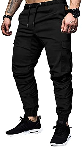 Elegancity Schwarze Cargohose Herren Chino Hose mit 6 Taschen Cargo Hose Stretch Jogginghose für Männer mit Bundgummi Elastische Hosen M