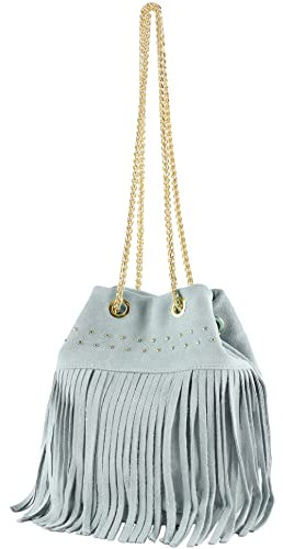 modamoda de T244 Damen Schultertasche Wildleder mit Fransen und Goldkette handmade in Italy, Farbe:Eisblau