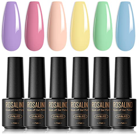 ROSALIND UV Nagellack Pastell, 6 Farben Mini Gel Nagellack Sommerfarben Set Macaron Rosa Lila Gelb Grün Blau Soak Off Nail Polish Makronen Gelnägel Frühling und Sommer