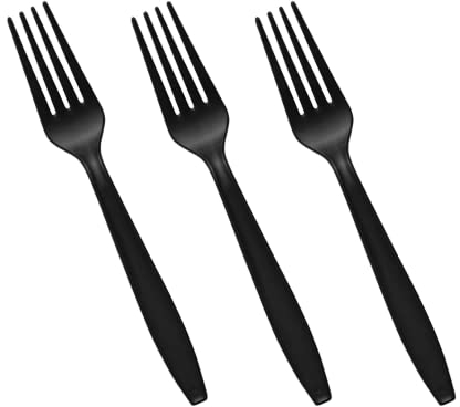 Venuscello® 100 x Black Forks Plastic Cutlery Set - Reusable & Washable, Heavy Duty Cutlery, Long Tablespoon - Ideal for Birthday, Parties, Camping & Catering