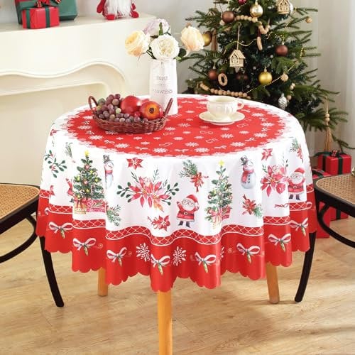 iEvery Tischdecke Rund Weihnachten, 150cm Runde Weihnachtstischdecke Schneeflocke Abwaschbar Polyester Tischtuch für Weihnachtstag Xmas Neujahr Party Dekoration, Rot Rund