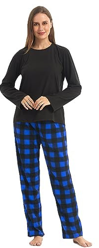 YUSHOW Pyjama Femme en Polaire Ensemble Pijamas Manches Longues Pantalon à Carreaux 2 Pièce Vêtements de Nuit Sleepwear Pjs Set pour Hiver,Bleu À Carreaux,S