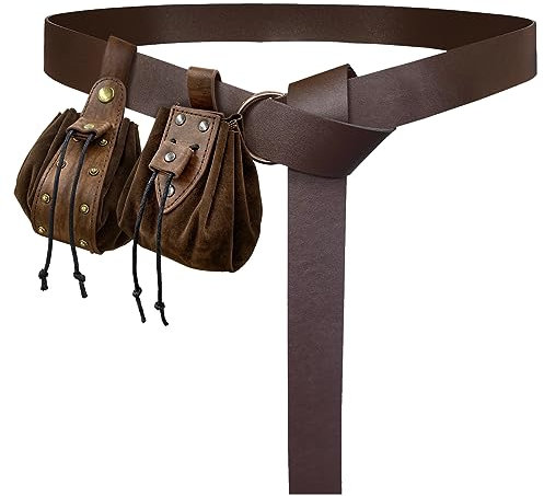 HiiFeuer Mittelalterlicher O-Ring-Gürtel mit Vintage-Mittelalter- Kordelzugbeutel und Nieten Gürteltasche, Retro-Renaissance Kunstleder Gürtel und Münztaschenset für Ren Faire (Braun D)
