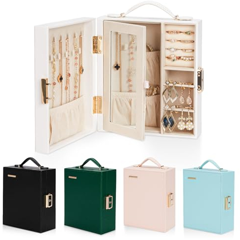 Enthralite Travel Jewellery Case, Travel Must Have, Portable Jewellery Box with Mirror, PU Leather Small Organizer for Rings, Earrings, Necklaces, Bracelets (White)