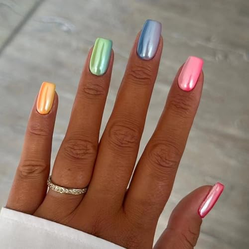 Ceboic Short Square False Nails, 24Pcs Rainbow Aurora Press on Nails Acrylic Full Cover Fake Nail, French Nail Tips with Glue Stickers Natural Elegant Stick on Nails for Women Girls Nail Art