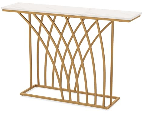 DREAMADE 120 x 30 x 80 cm Konsolentisch, Beistelltisch mit Metallrahmen, Flurtisch Schmal für Eingangsbereich & Wohnzimmer, Belastbar bis 20kg, Gold