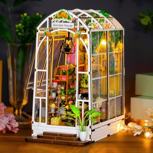OSDUE DIY Miniature Doll House Kits,Wooden Gardenhouse,3D Greenhouse Kit with Furniture and LED Lights for Adults to Build,Birthday Gift for Women and Girls