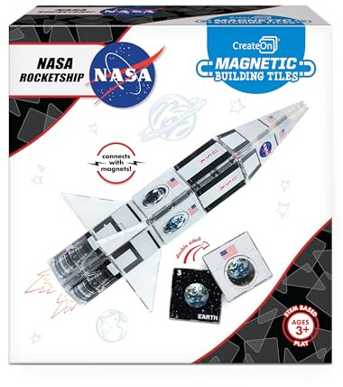 CreateOn NASA Rocketship Magnetic Tile Set, Building Set for Kids, Magnetic Building Toys for Kids, STEM Toys for Boys and Girls Ages 3 and Up, 18-Piece Set