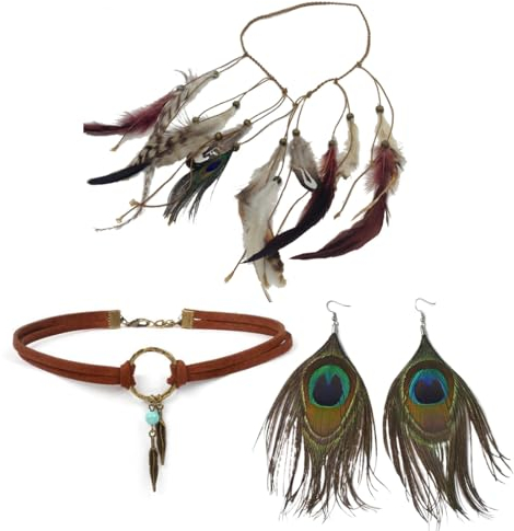 VJUYSW 4 Feder Ohrringe Für Damen Handgefertigtes Armband Vintage Boho Hippie Tribal Mottoparty Karneval Schmuck