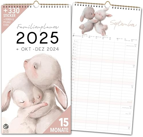 Familienkalender 2025 5 Spalten ILLUSTRATIONEN Familienplaner 2025 und Okt-Dez 2024 Wandkalender 24 x 43cm Planer für Familie 2025 Wandplaner STICKER Recycling Urlaub Liebe Tiere Freundschaft Love