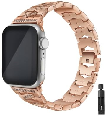 Fizdvsts Compatible with Apple Watch Strap Bling Diamond Rhinestone Metal Wristband, Women's Band Chain Bracelet for iWatch Series 8 7 6 SE 5 4 3 2 1 Ultra, 42mm 44mm 45mm 49mm, Rose Gold