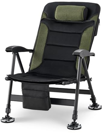 TUKAILAi Camping Chair Folding Fishing Chair Up to 150KG, Camping Chairs for Adults with Arms, Removable Cushion, Adjustable Backrest with Fixed Headrest, Portable Beach Fishing Outdoor Picnic