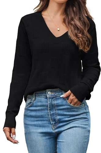 Cindeyar Pullover Damen Langarm V Ausschnitt Strickpullover Winter Casual Elegant Pulli Warm Oberteile (Schwarz, S)
