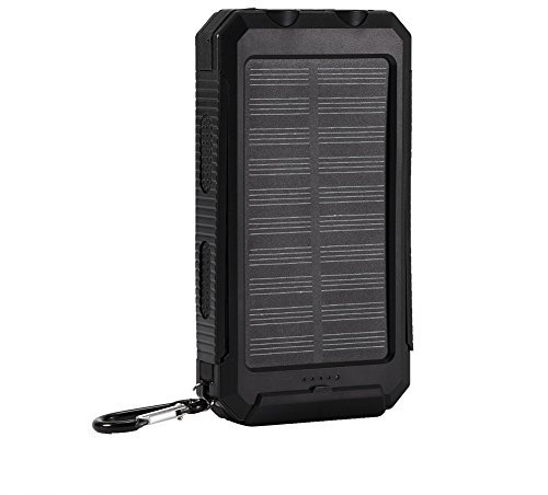 Solar Powerbank 10000 mAh - Outdoor Ladegerät mit Solarlade für Camping, tragbar Handy-Ladegerät, integrierte Taschenlampe und Kompass (Schwarz)