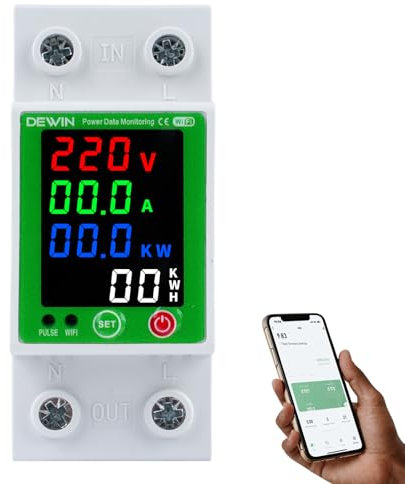 DEWIN Contatore Energia Elettrica Wifi, 230VAC 63A Interruttore Di Protezione Del Contatore Di Energia Intelligente WIFI Con Display LCD A Colori 2P Misuratore Energia Elettrica WLAN,TUYA APP