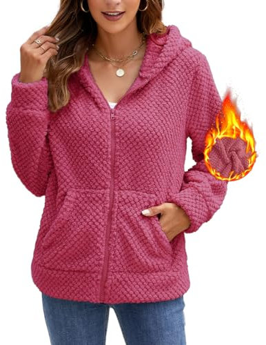 Yeenily Femme Veste Polaire Hiver Chaud Manteau Mode Zippée Sweats à Capuche Décontracté Peluche Blouson Automne Pull Hoodie Outerwear avec Poche (Rouge Rosé, XL)