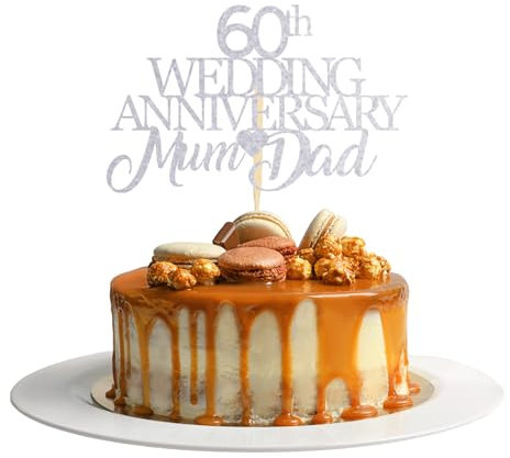 60th Wedding Anniversary Mum & Dad Cake Topper – Diamond Wedding Glitter Card Cake Topper Decorations (SILVER)