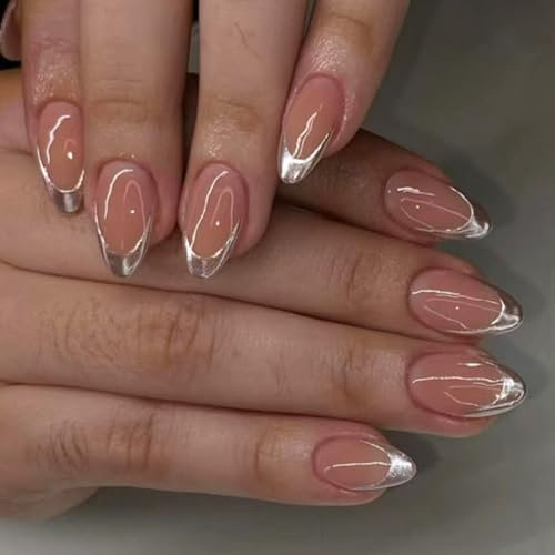 Ceboic 24 Pcs French False Nails, Short Almond Glossy Silver Fake Nails with Glue Stickers, Acrylic Full Cover Press on Nails Artificial Stick on Nail for Women & Girls Manicure Decoration