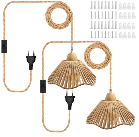 510CM Lámpara Colgante de Cuerda de Cáñamo con Interruptor y Enchufe, Pantalla de Cuerda de Cáñamo Tejida a Mano, Portalámparas E26 E27, kit de Lámpara Colgante DIY con Cable Enchufable