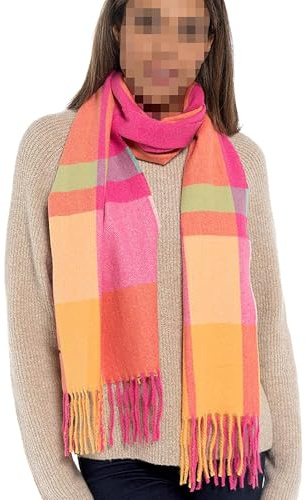 A2Z Ladies Checked Tassel Scarf Cashmere Feel Oversized Winter Wrap | Soft Orange Pink Fringe Shawl Warm Cold Weather Fashion Accessory