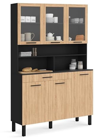 IDMarket - Buffet de Cuisine vitré 120 CM CINA 6 Portes + tiroir Noir et façon hêtre